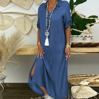 V-neck Maxi Slit Denim Dress