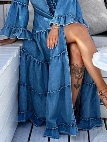 Ruffle Tiered Maxi Denim Dress - Image 2