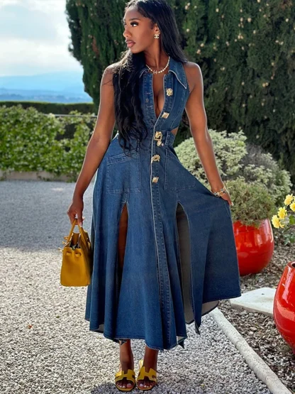 Waist Cutout Sexy Denim Dress - Image 5