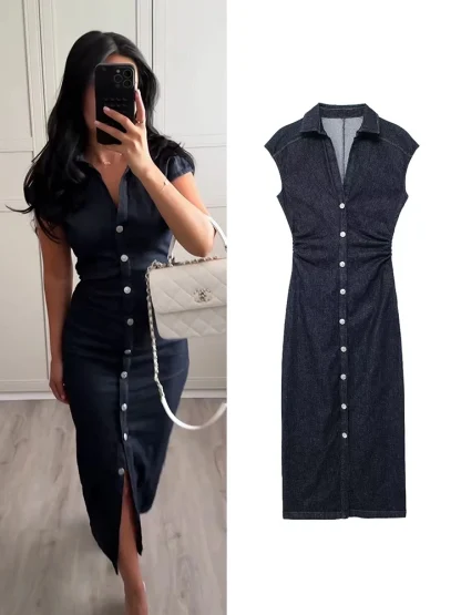 Fitted Button Down Denim Dress - Image 3