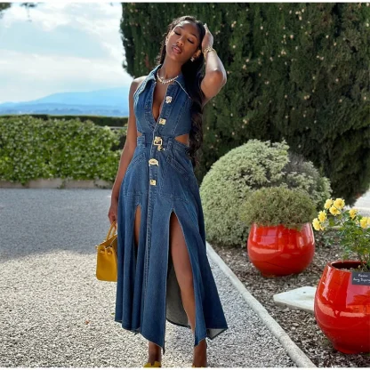 Waist Cutout Sexy Denim Dress - Image 2