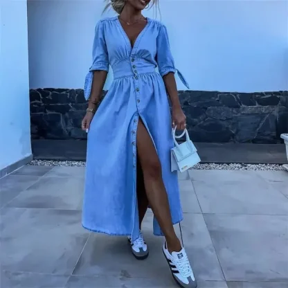 V-neck Buttoned Front Denim Dress - Image 3