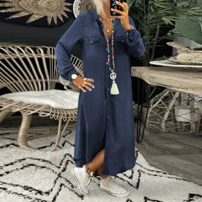 Long Sleeve Button Down Denim Dress - Image 2